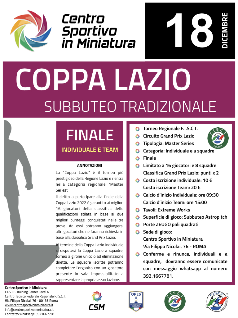 Locandina Coppa Lazio 2022 di Subbuteo Tradizionale individuale e a squadre
